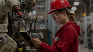 Operaia con tuta rossa, caschetto e occhiali protettivi che controlla il corretto funzionamento del processo industriale