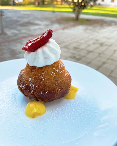 Delizioso dolce monoporzione guarnito con panna montata e frutta rossa, servito su un piatto bianco e spolverato di zucchero a velo.